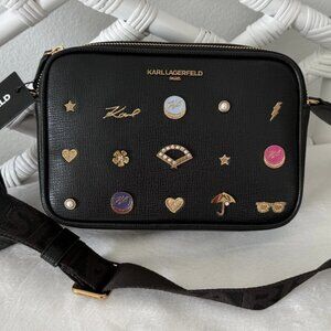Karl Lagerfeld Paris Maybelle Camera Crossbody Bag Black  With Pins